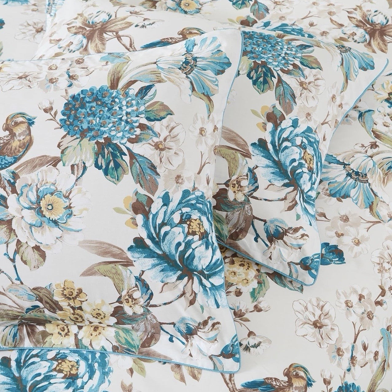 NEW Anthro White Blue Floral Bird Cotton Boho Queen King Bedding Duvet Sham Set