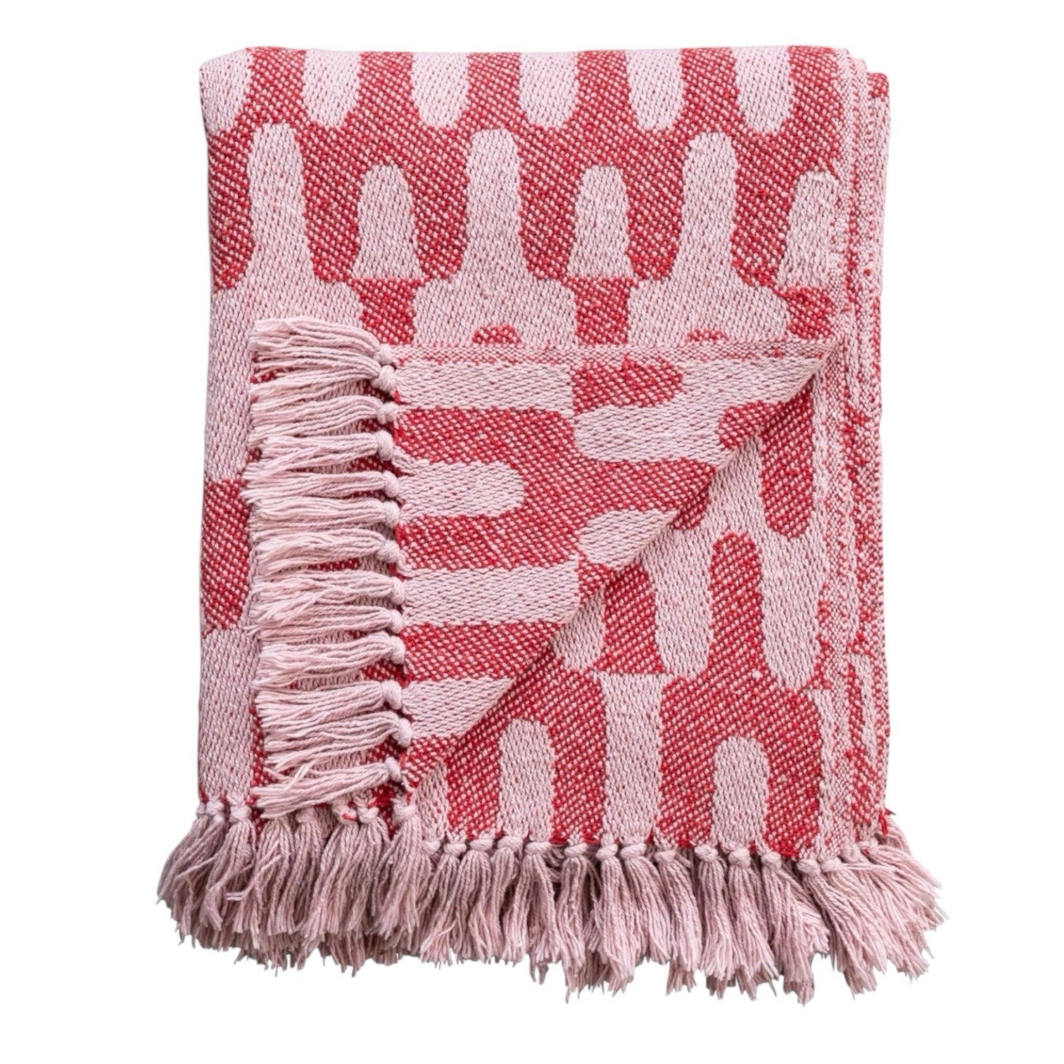 NEW Anthropologie Pink Abstract Cotton Boho Tassel Fringe Throw Blanket 50 x 60