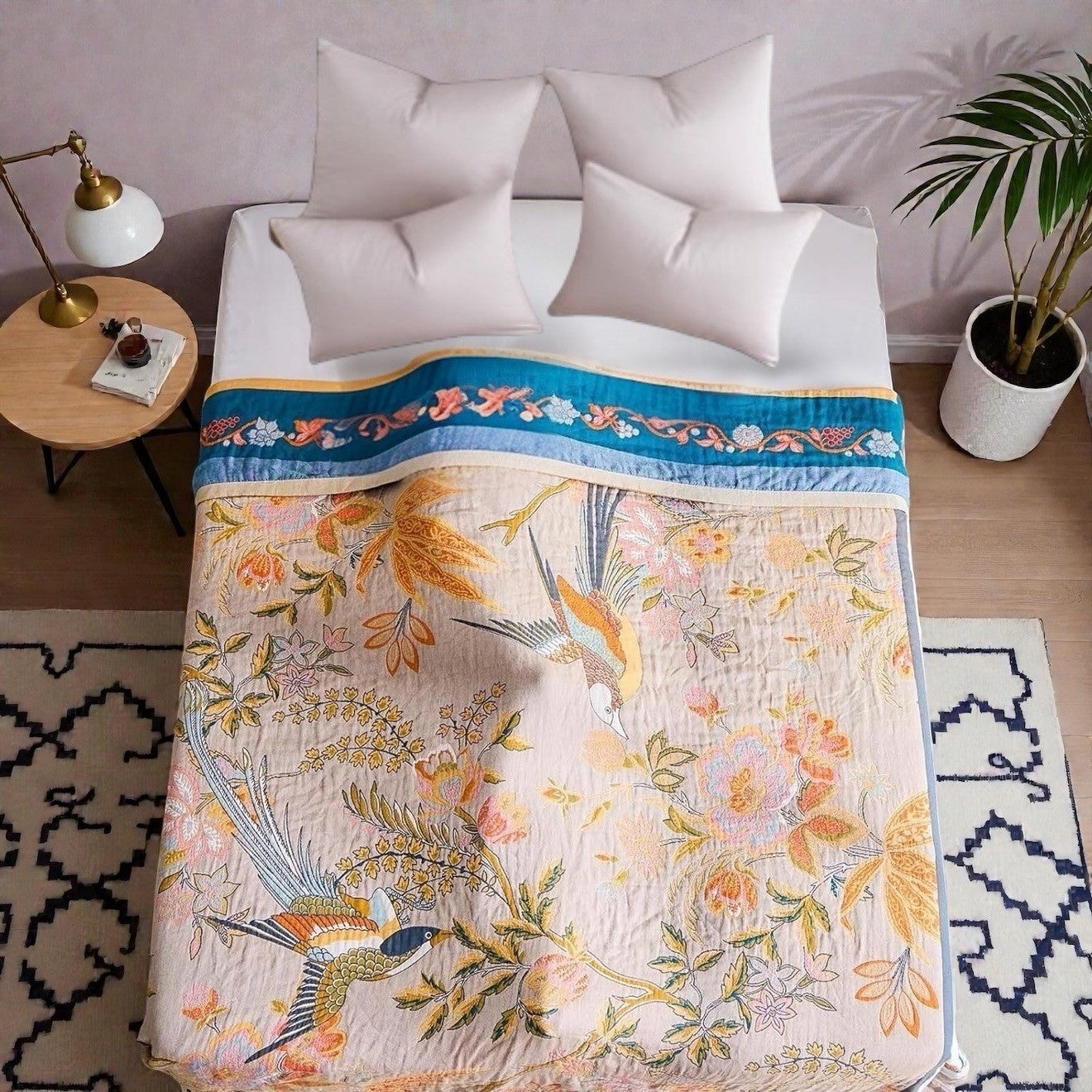 NEW Anthro Reversible Boho Bird Multicolor Throw Blanket Bedspread Quilt 50 x 60