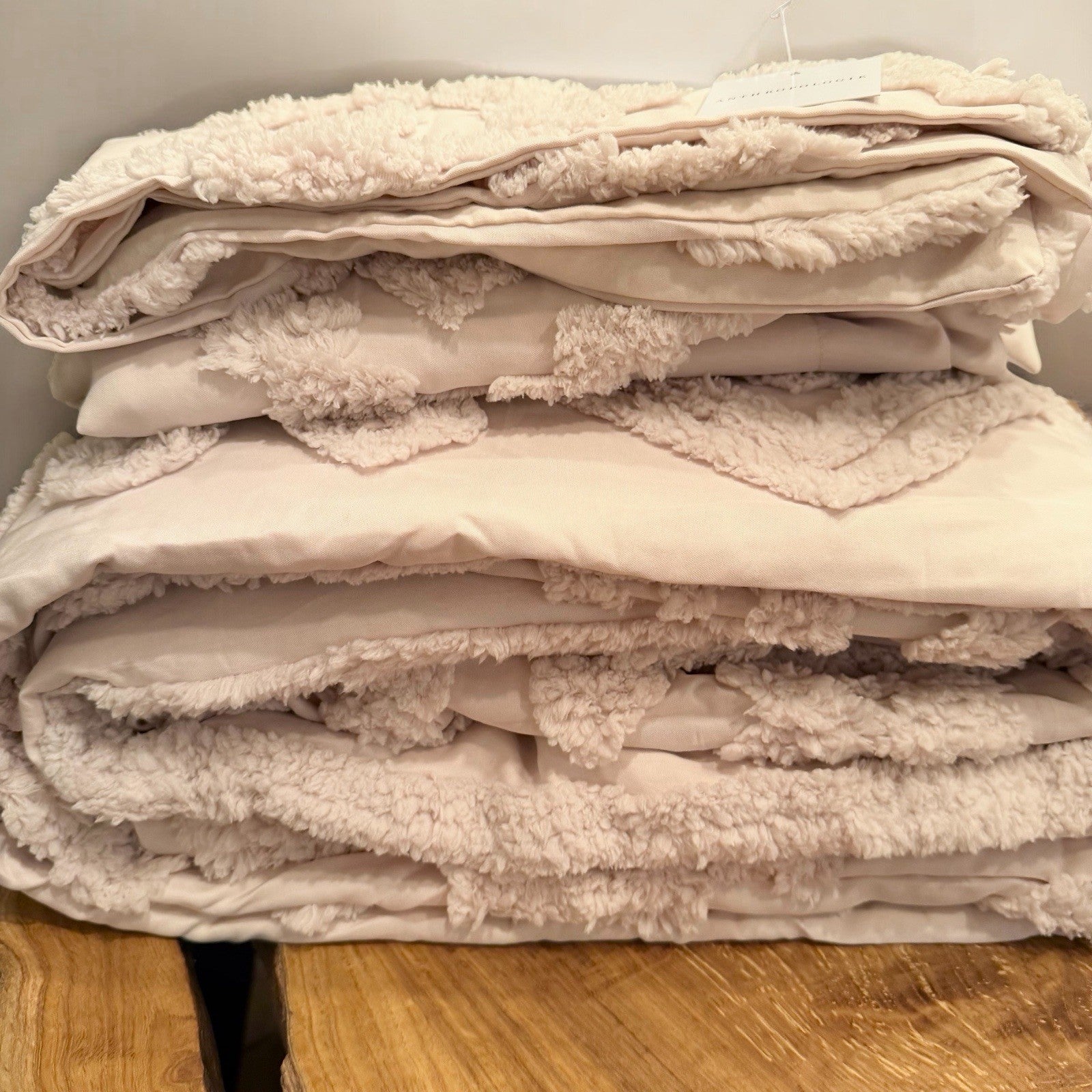 NEW Anthro Beige Cream Tufted Boho Queen / King Size Bedding Duvet & Sham Set