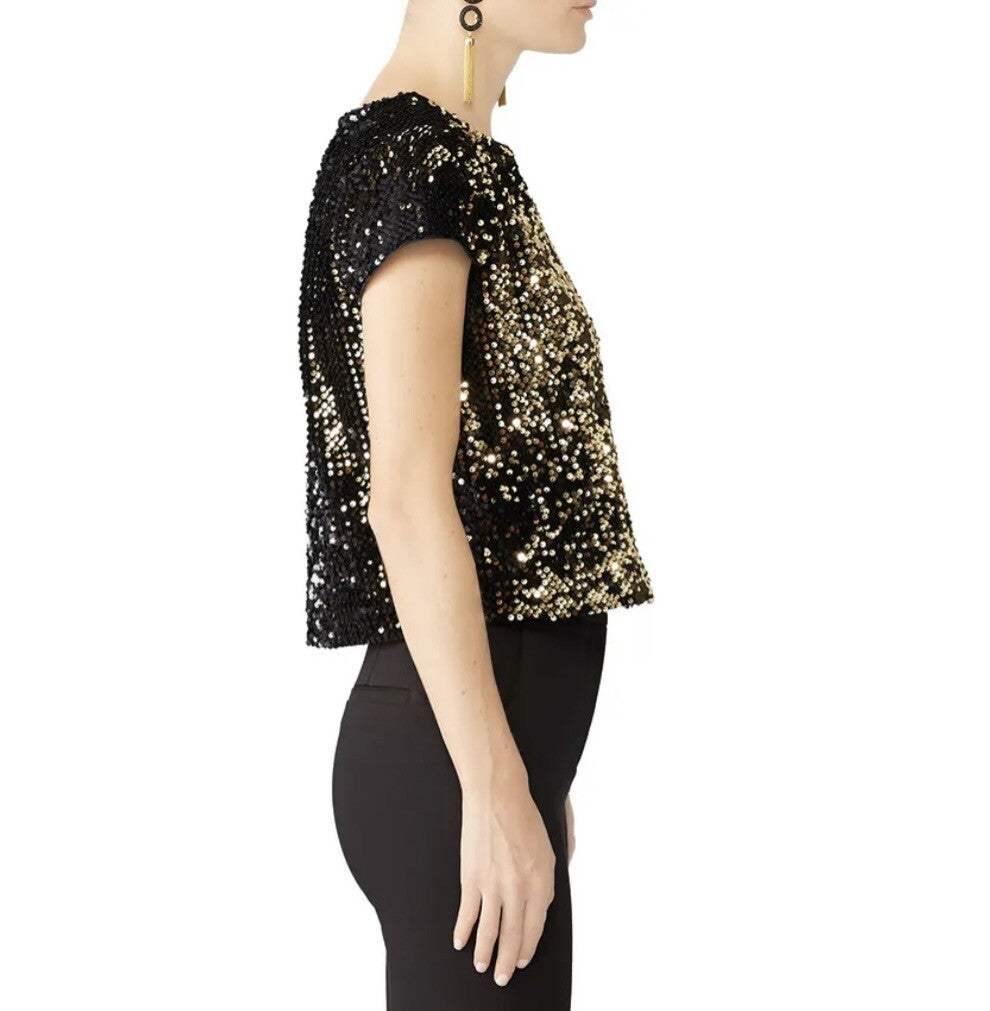 Milly Designer Black & Gold Sequin Glitter Sparkle Crop Tee Shirt Top - Large