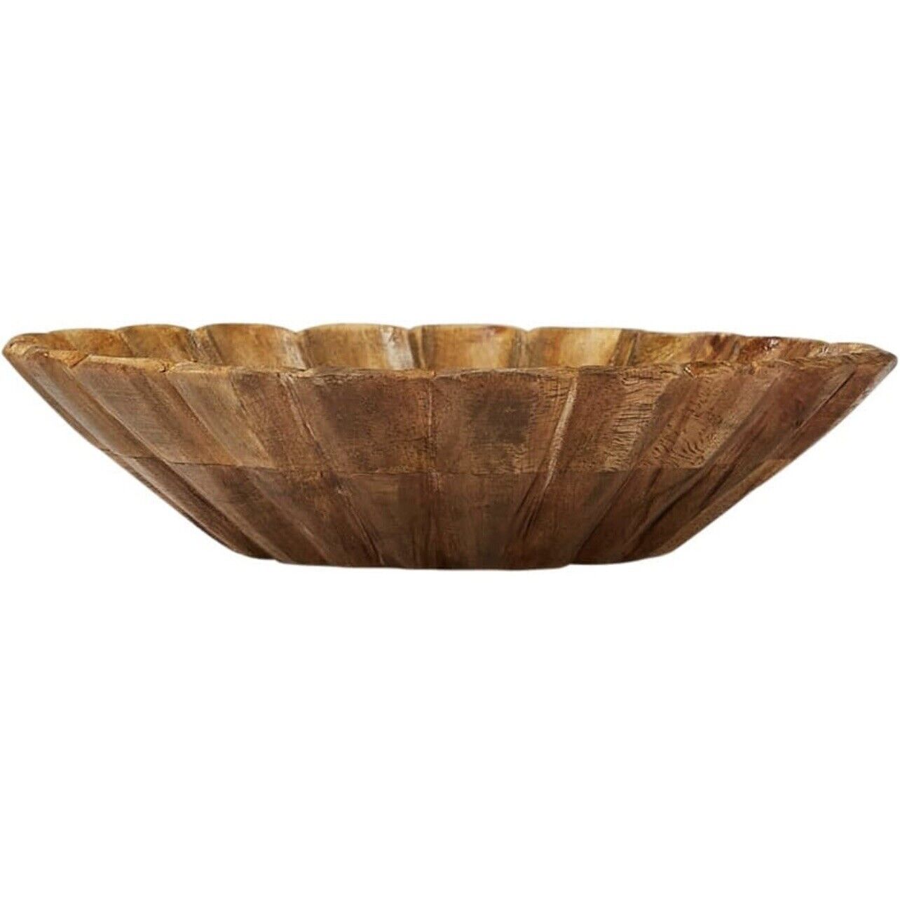 NEW West Elm Large Natural Wood Carved Scalloped Decorative Bowl Centerpiece 8"