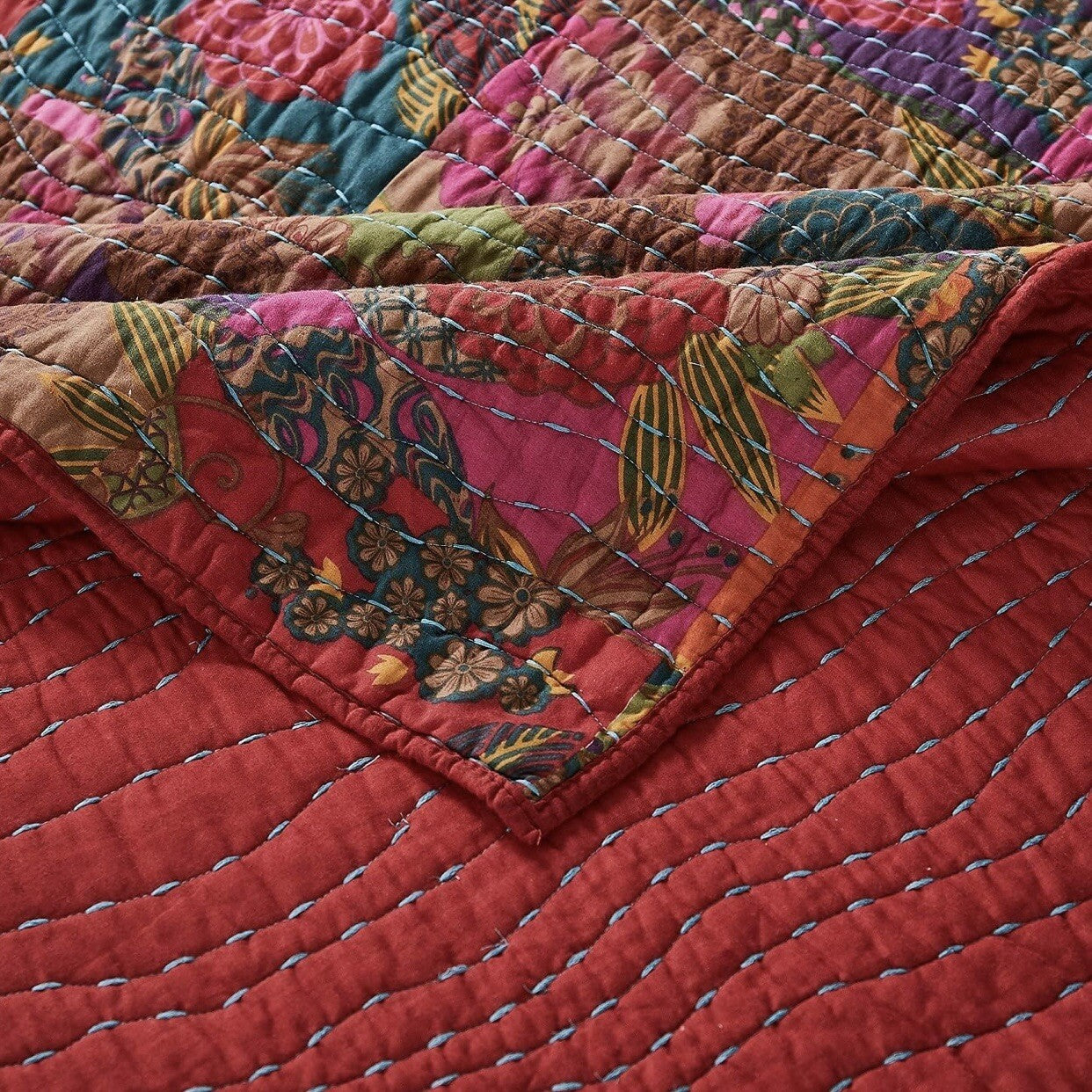 NEW Anthro Red Floral Boho King Quilt Stitch Bedspread Bedding Sham Set