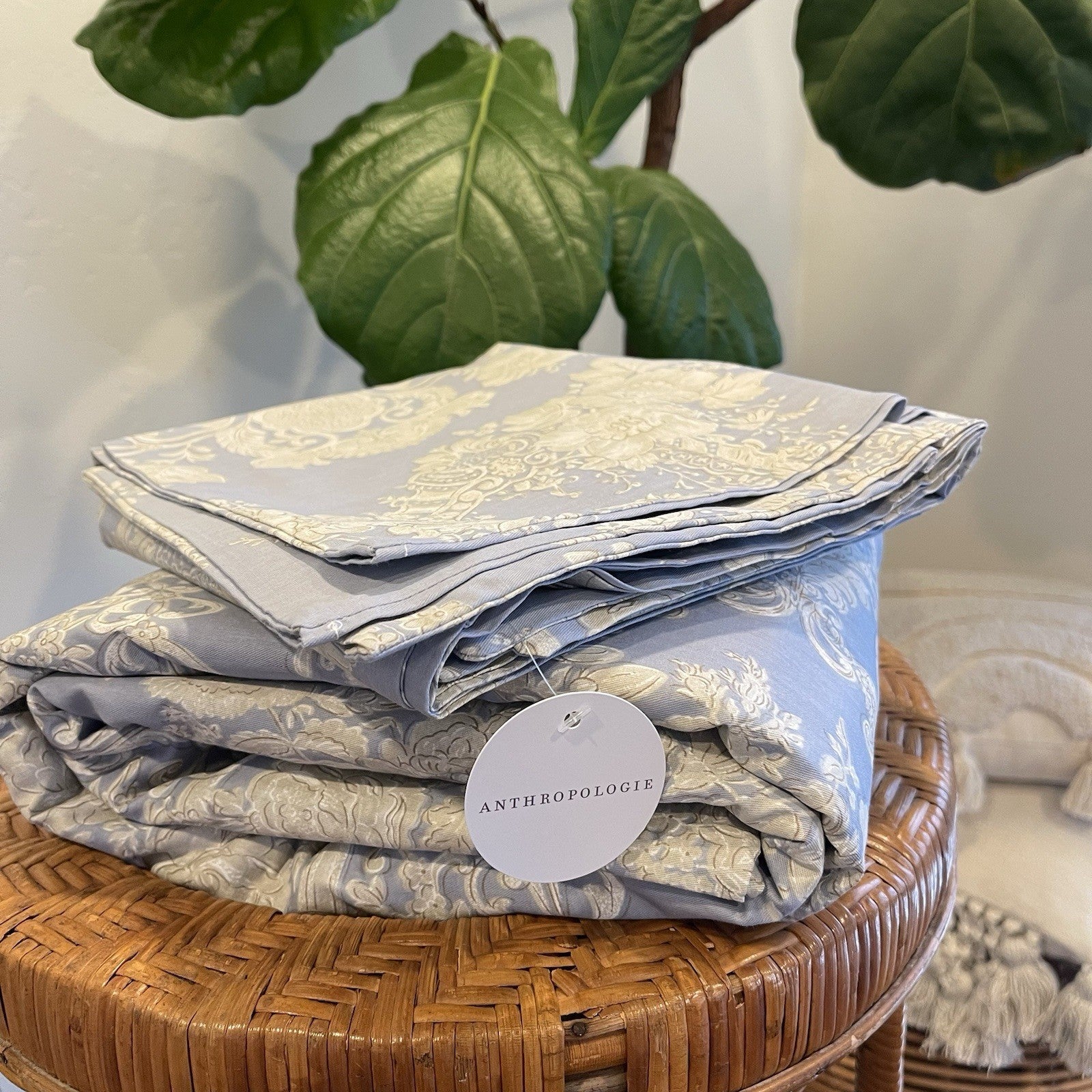 NEW Anthropologie Blue Damask Lux 100% Cotton Boho Queen Bedding Duvet Sham Set