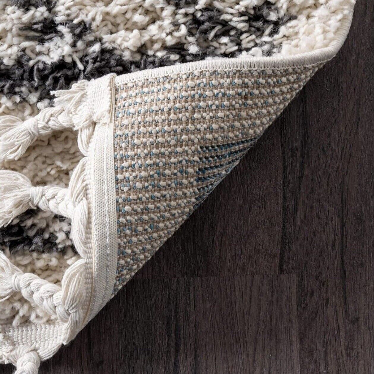 NEW West Elm White Black Boho Tassel Geometric Shag Area Rug Carpet - 5' x 8'