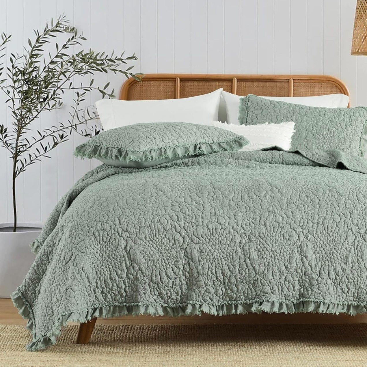 NEW Anthro Sage Green Boho Ruffle Crinkle Queen / King Bedding Quilt & Sham Set