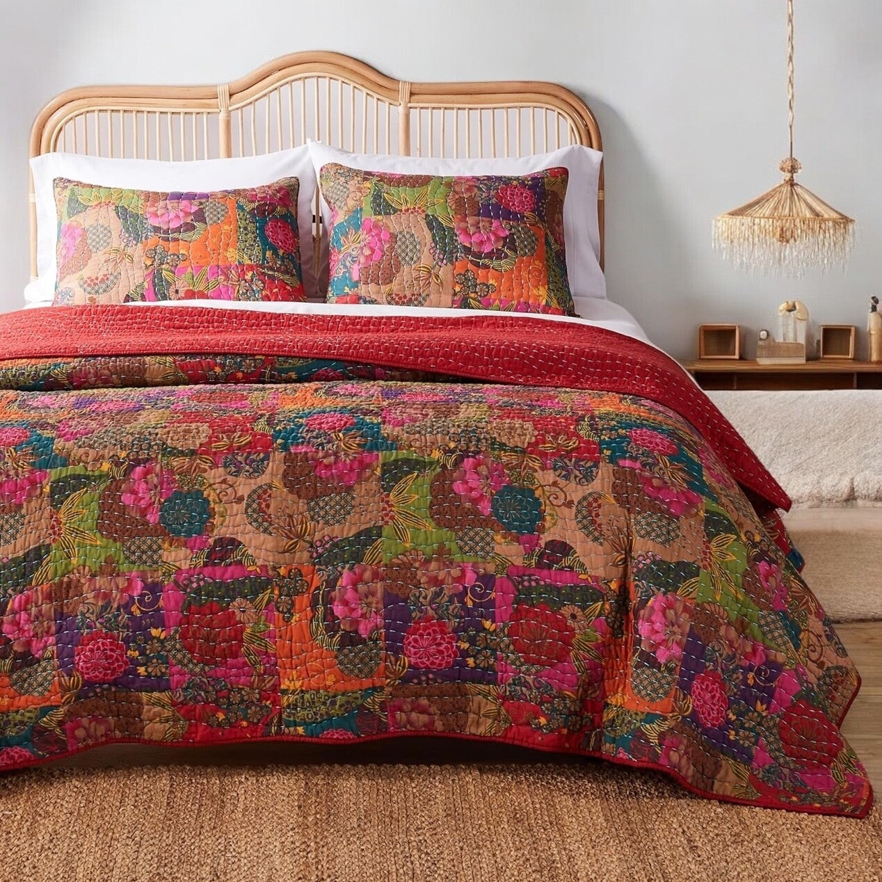 NEW Anthro Red Floral Boho Queen Quilt Stitch Bedspread Bedding Sham Set