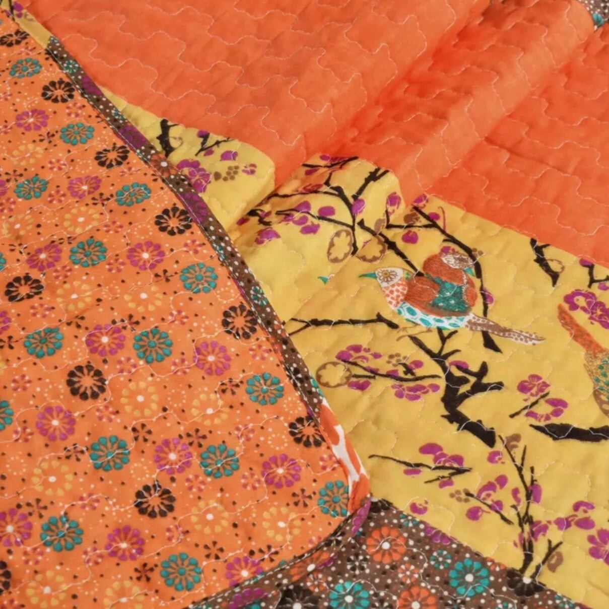 NEW Boho Orange Retro Bird Floral Throw Blanket Bedspread Bedding Quilt 50 x 60