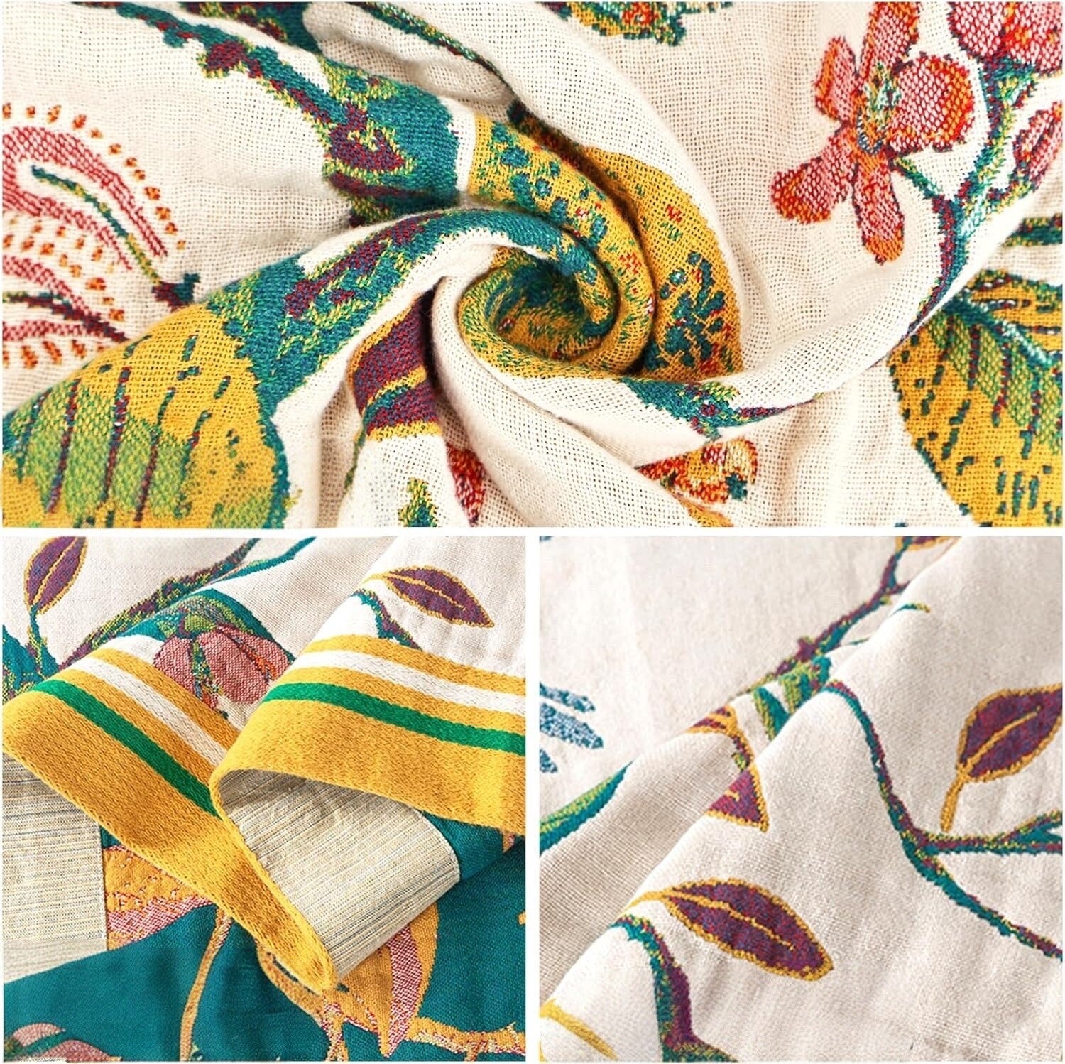 NEW Anthro XL Boho Bird Orange Blue Throw Blanket Bedspread Quilt 80" x 90"