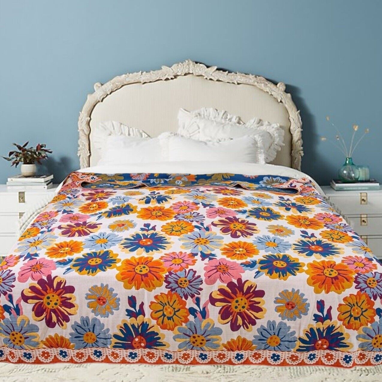 NEW Anthropologie XL Boho Floral Reversible Blanket Bedspread Quilt - 80" x 92"
