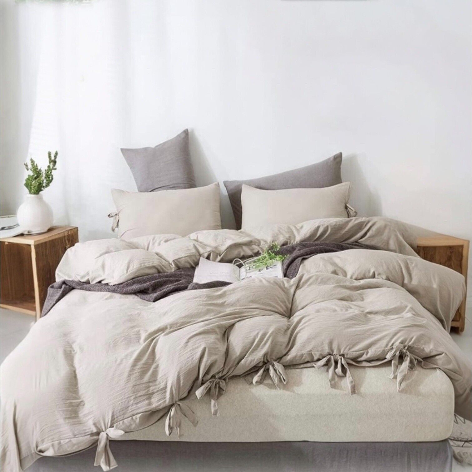 NEW West Elm Boho Beige Khaki Bow King Size Microfiber Bedding Duvet Sham Set