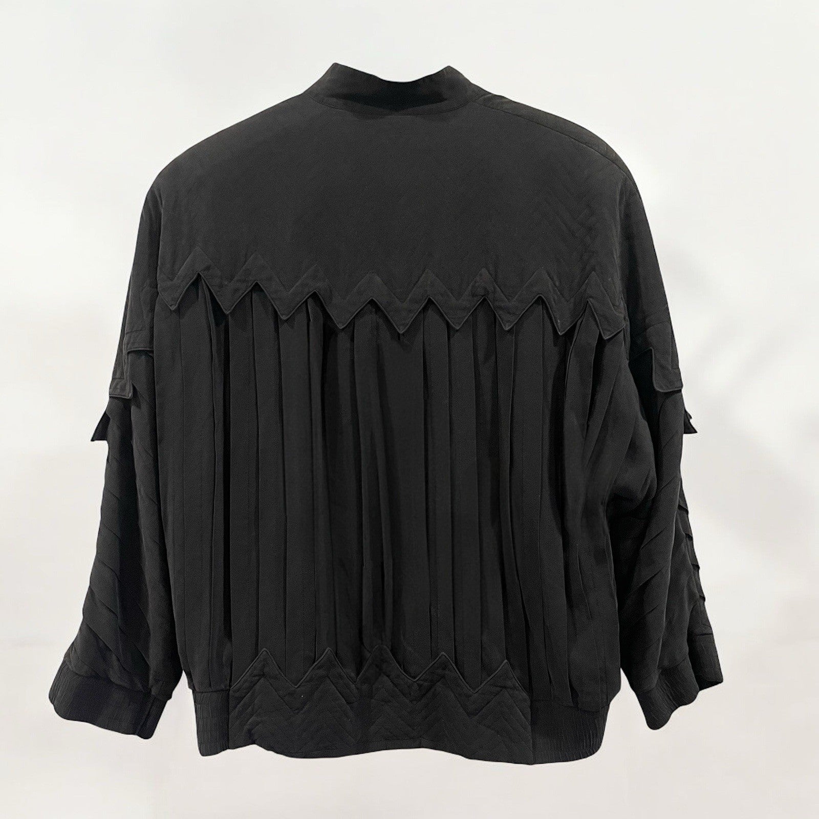 Vintage Black Perlita Pleated Silk Triangle Embroidered Bomber Jacket Coat Large