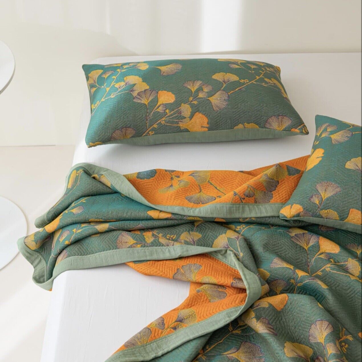 NEW Anthropologie Teal Orange Reversible Queen / King Bedspread Blanket Sham Set