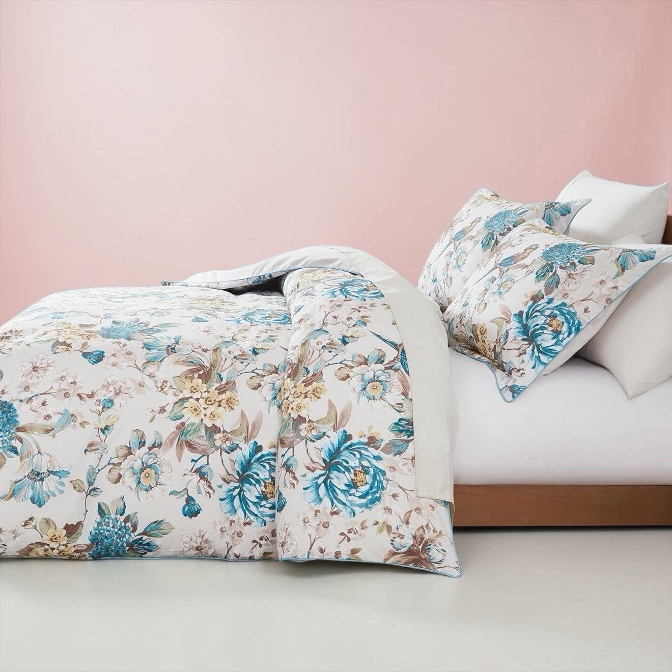 NEW Anthro White Blue Floral Bird Cotton Boho Queen King Bedding Duvet Sham Set