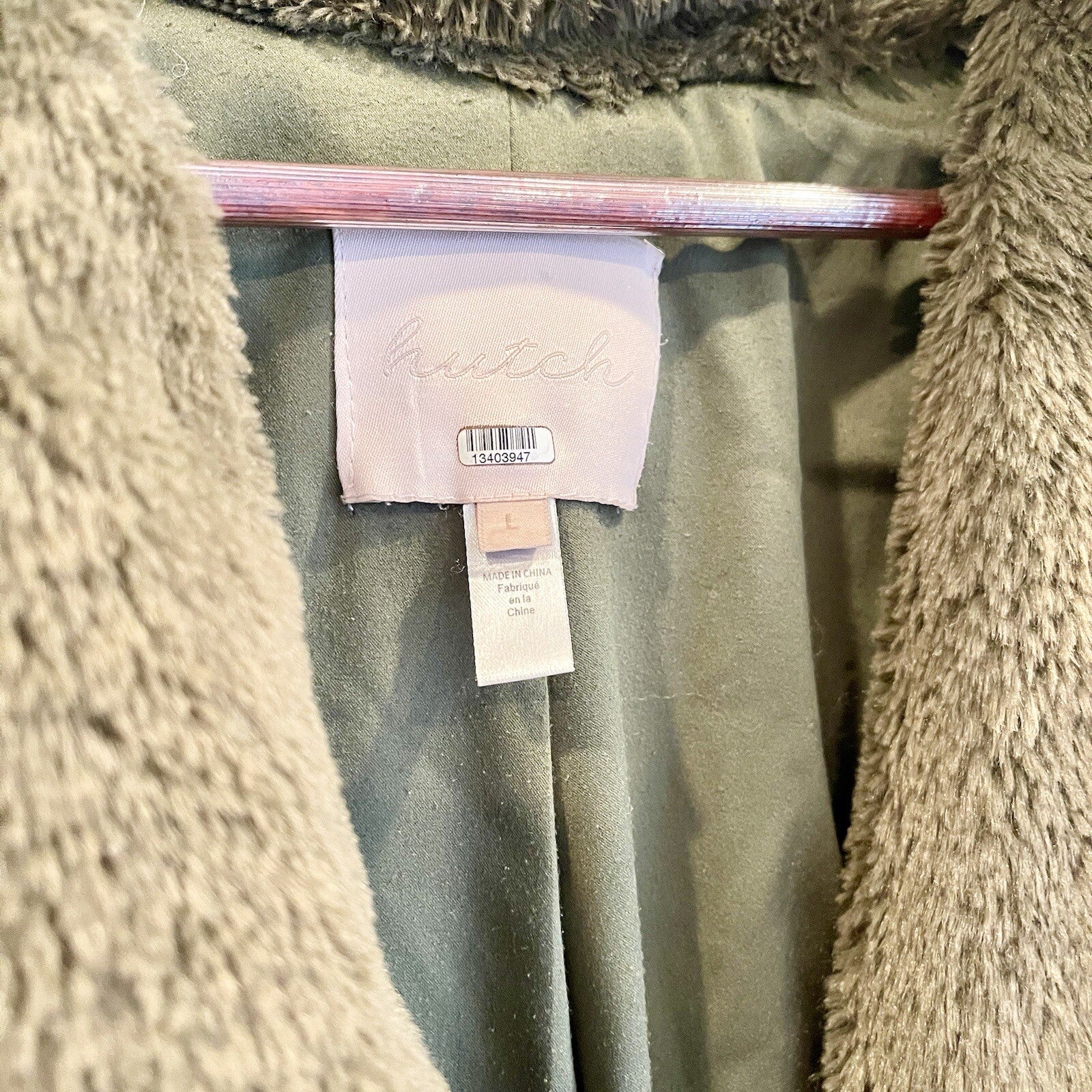 Anthropologie Hutch Grey Green Pink Long Faux Fur Trench Coat Jacket Size Large