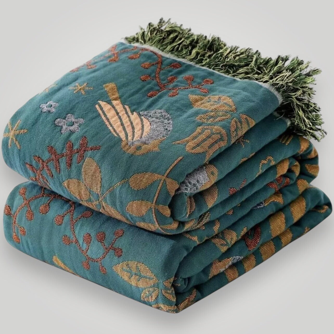 NEW XL Teal Reversible Boho Bird Tassel Throw Blanket Bedspread Quilt 80 x 60