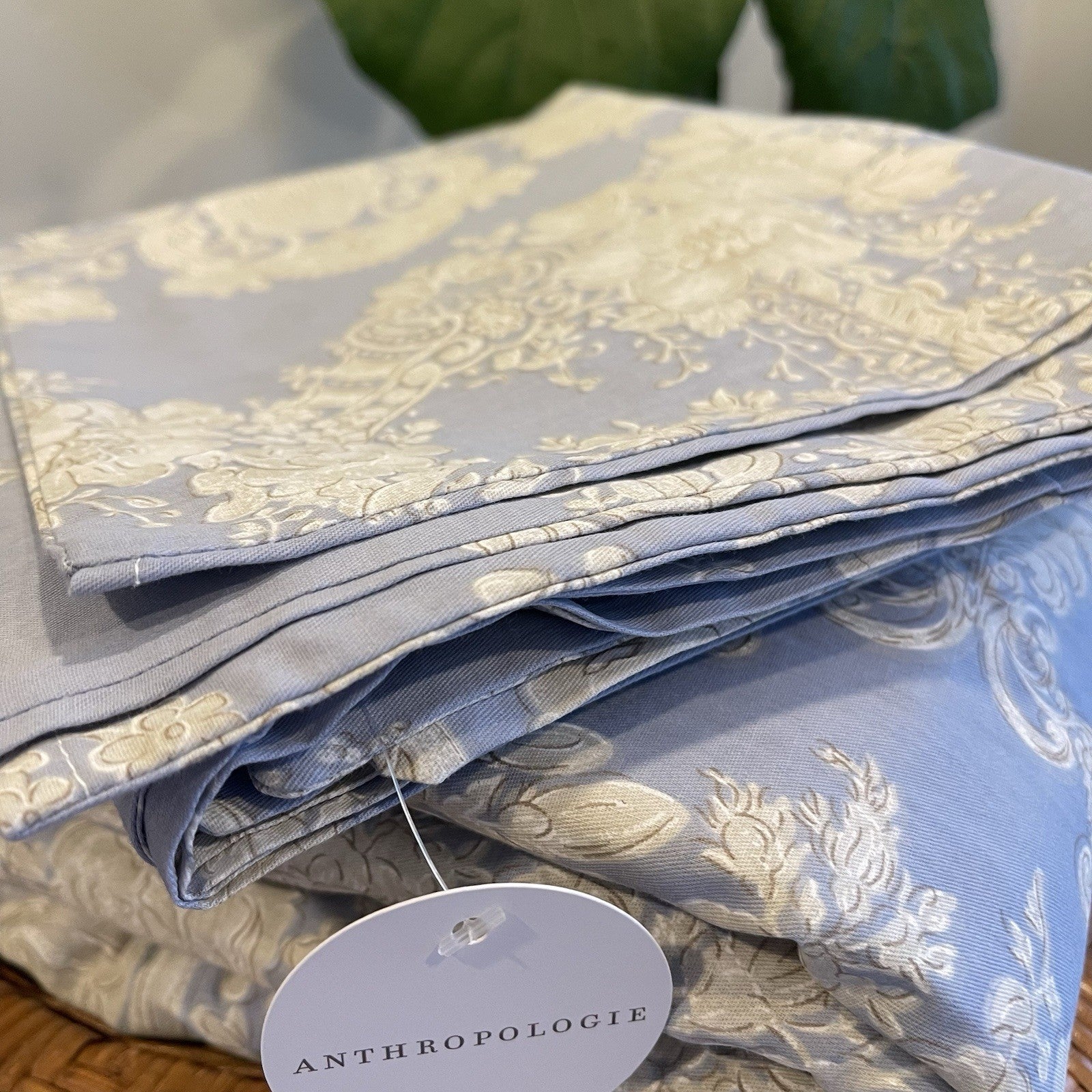 NEW Anthropologie Blue Damask Lux 100% Cotton Boho Queen Bedding Duvet Sham Set