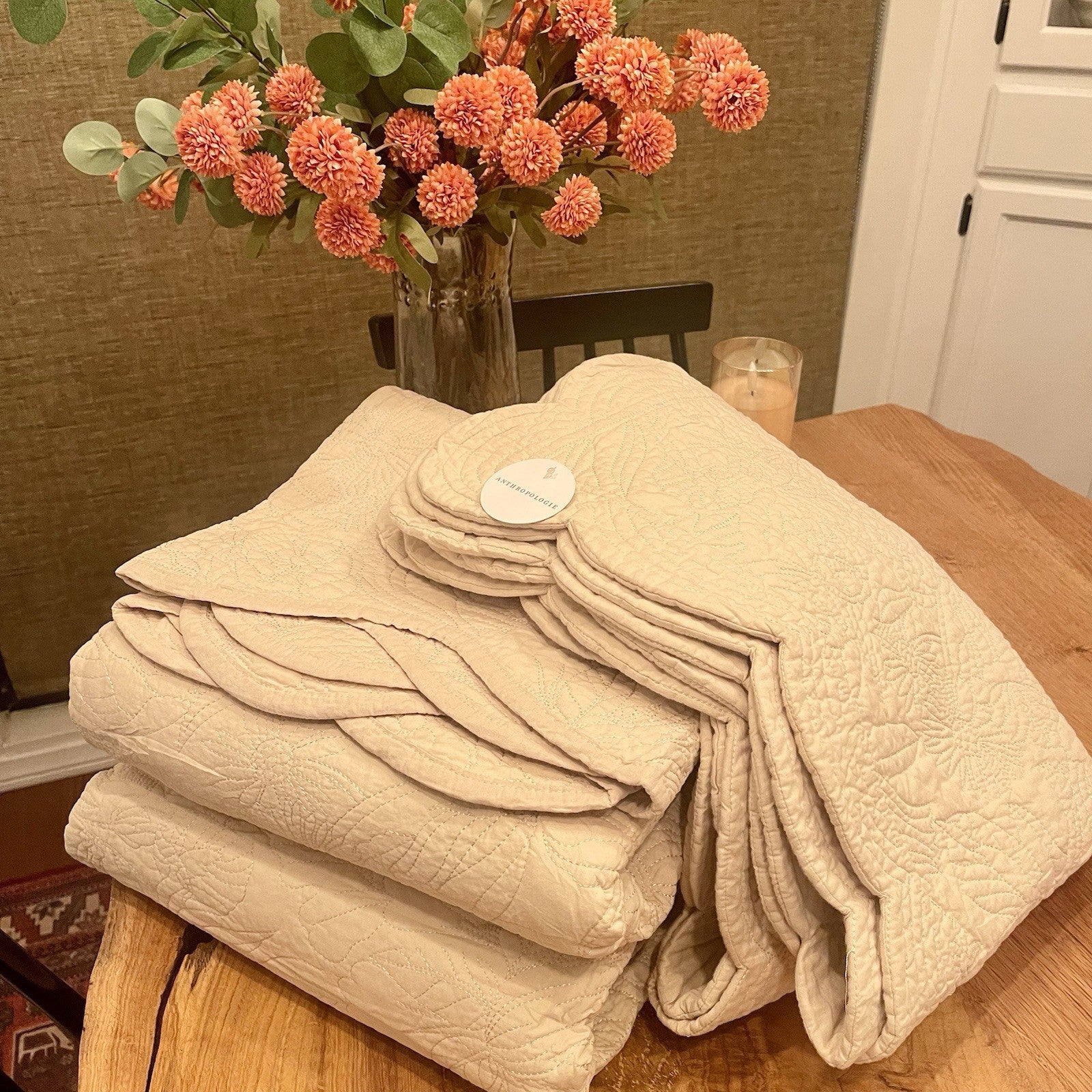 NEW Anthropologie White Cream Queen Reversible Quilt Bedspread Blanket Sham Set