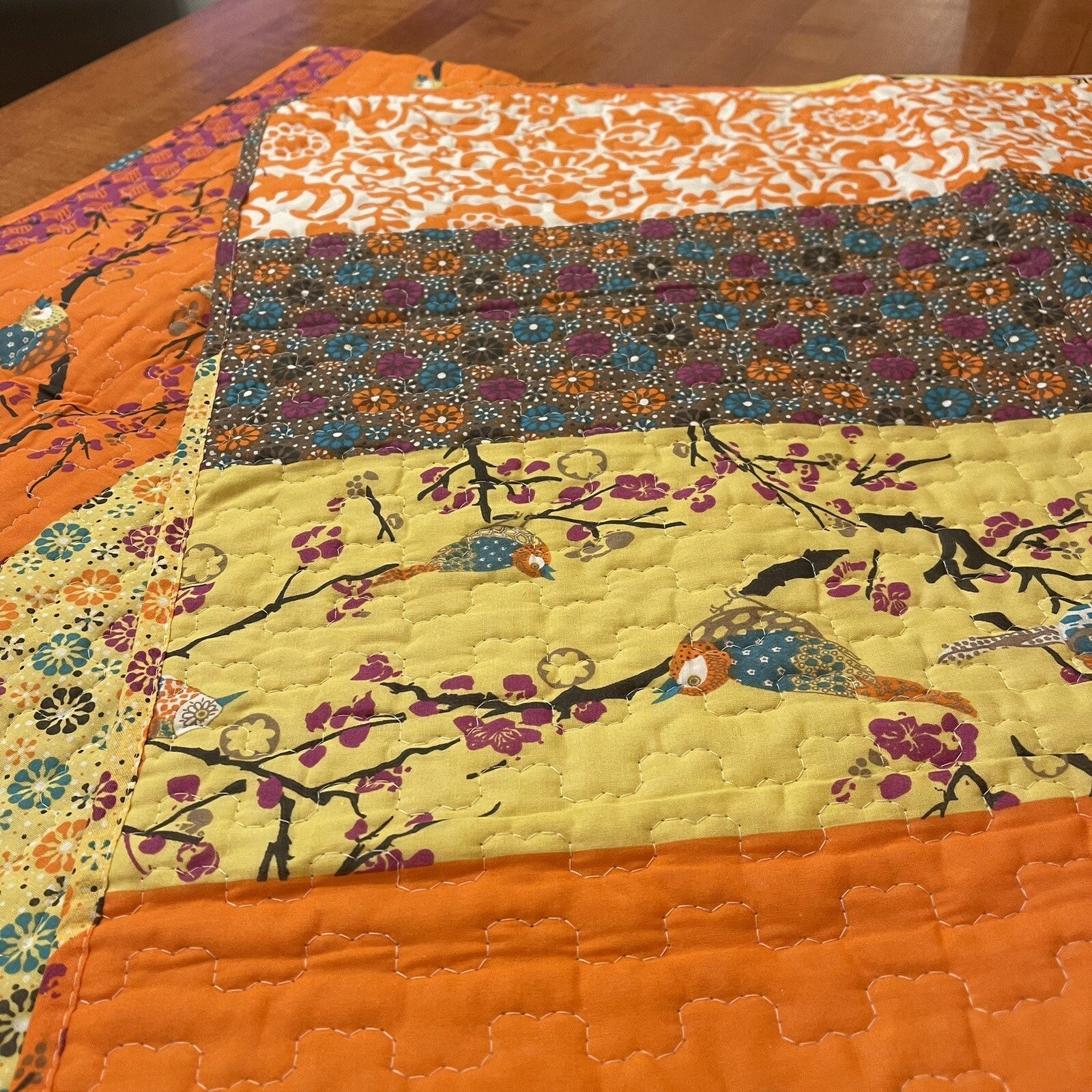 NEW Boho Orange Retro Bird Floral Throw Blanket Bedspread Bedding Quilt 50 x 60