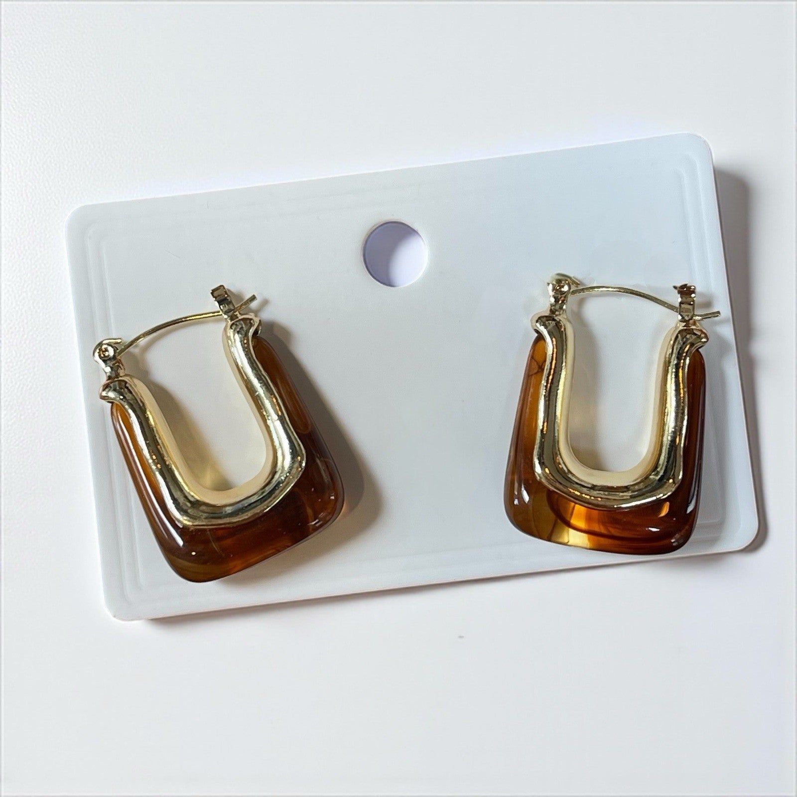 NEW Anthropologie Brown Resin & Gold Plated Chunky Hoop Dangle Earrings Jewelry