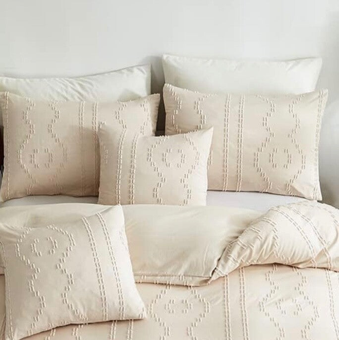 NEW Anthro Tassel Beige Boho King Tufted Fringe Bedding Duvet & Pillow Sham Set