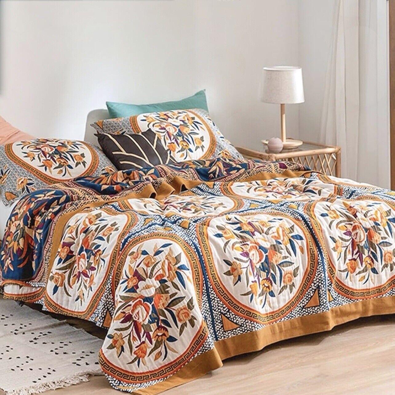 NEW Anthro XL Floral Boho Floral Bedding Blanket Bedspread Quilt - 80" x 90"