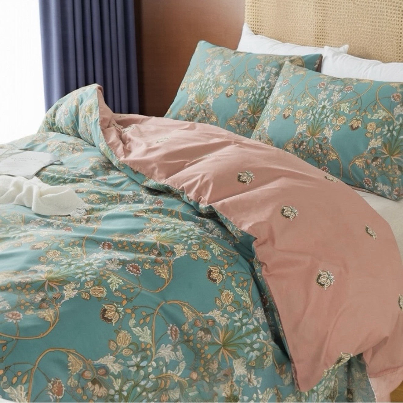 NEW Anthro Teal Reversible Cotton Floral Queen King Boho Duvet Bedding Sham Set
