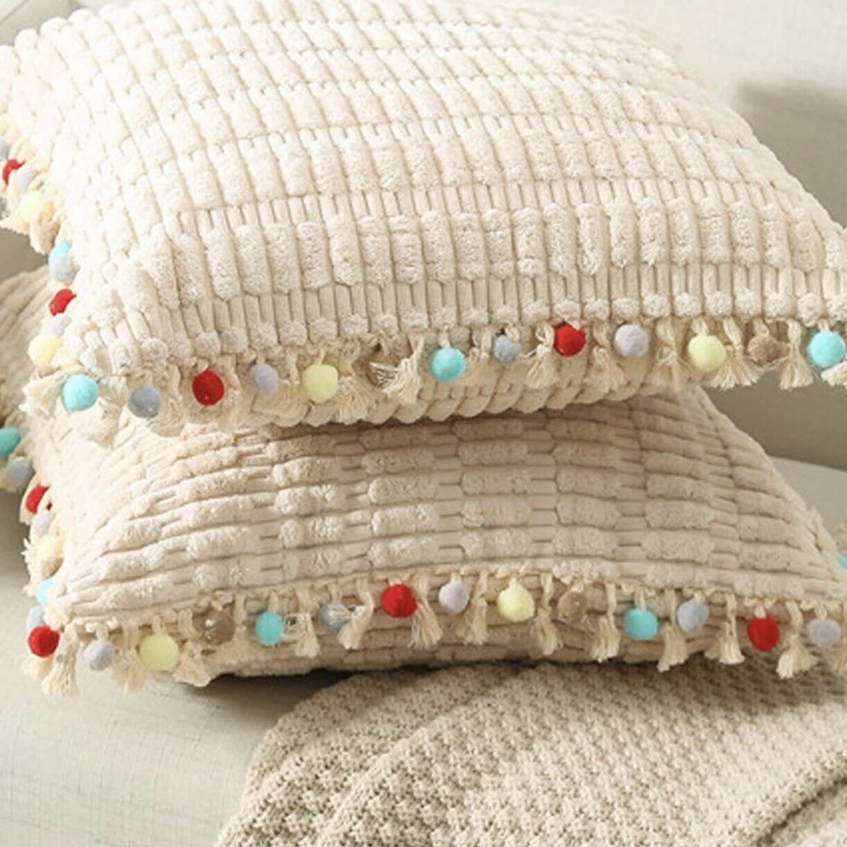 NEW Anthropologie (Set 2) Boho Tassel Pom Pom Throw Pillow Case Sham 24" x 24"