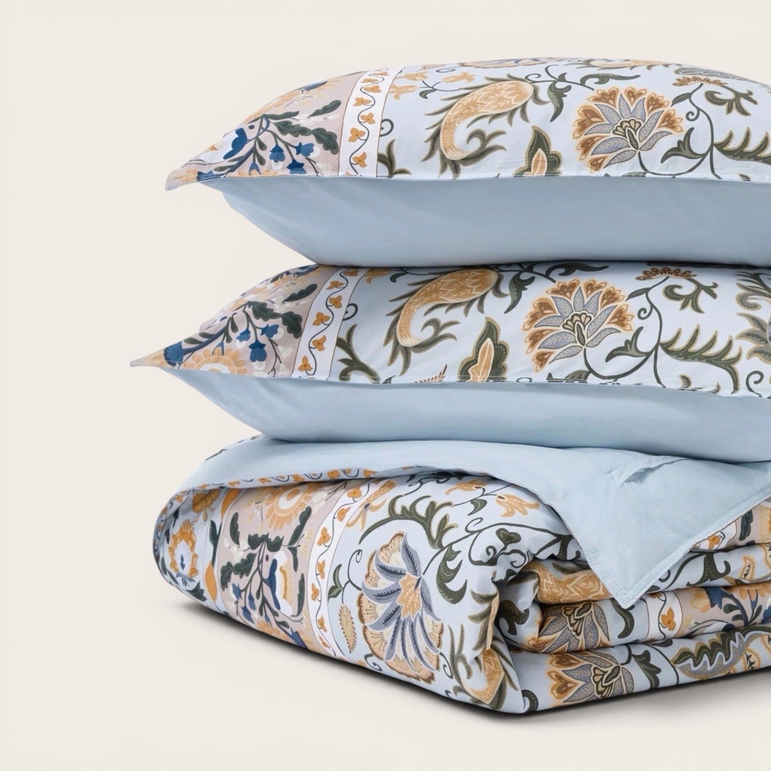 NEW Anthropologie Blue Floral Boho Cotton Queen / King Bedding Duvet & Sham Set