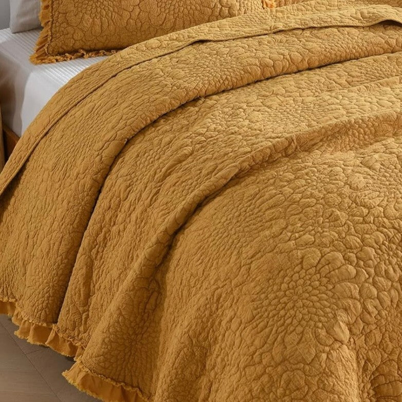 NEW Anthro Orange Yellow Ruffle Crinkled Queen / King Bedding Quilt & Sham Case