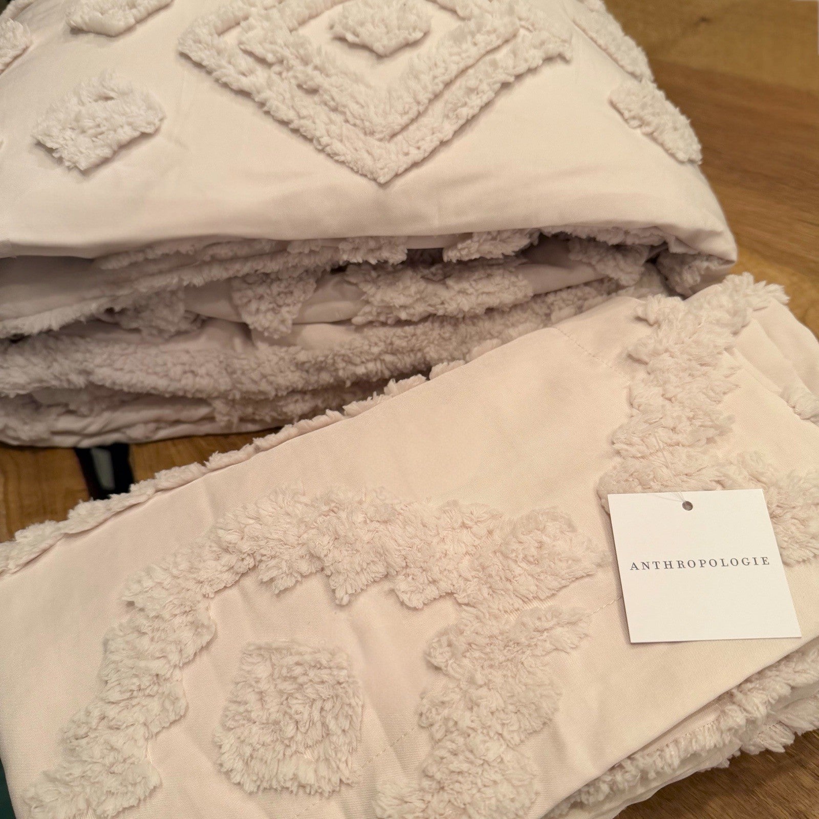 NEW Anthro Beige Cream Tufted Boho Queen / King Size Bedding Duvet & Sham Set