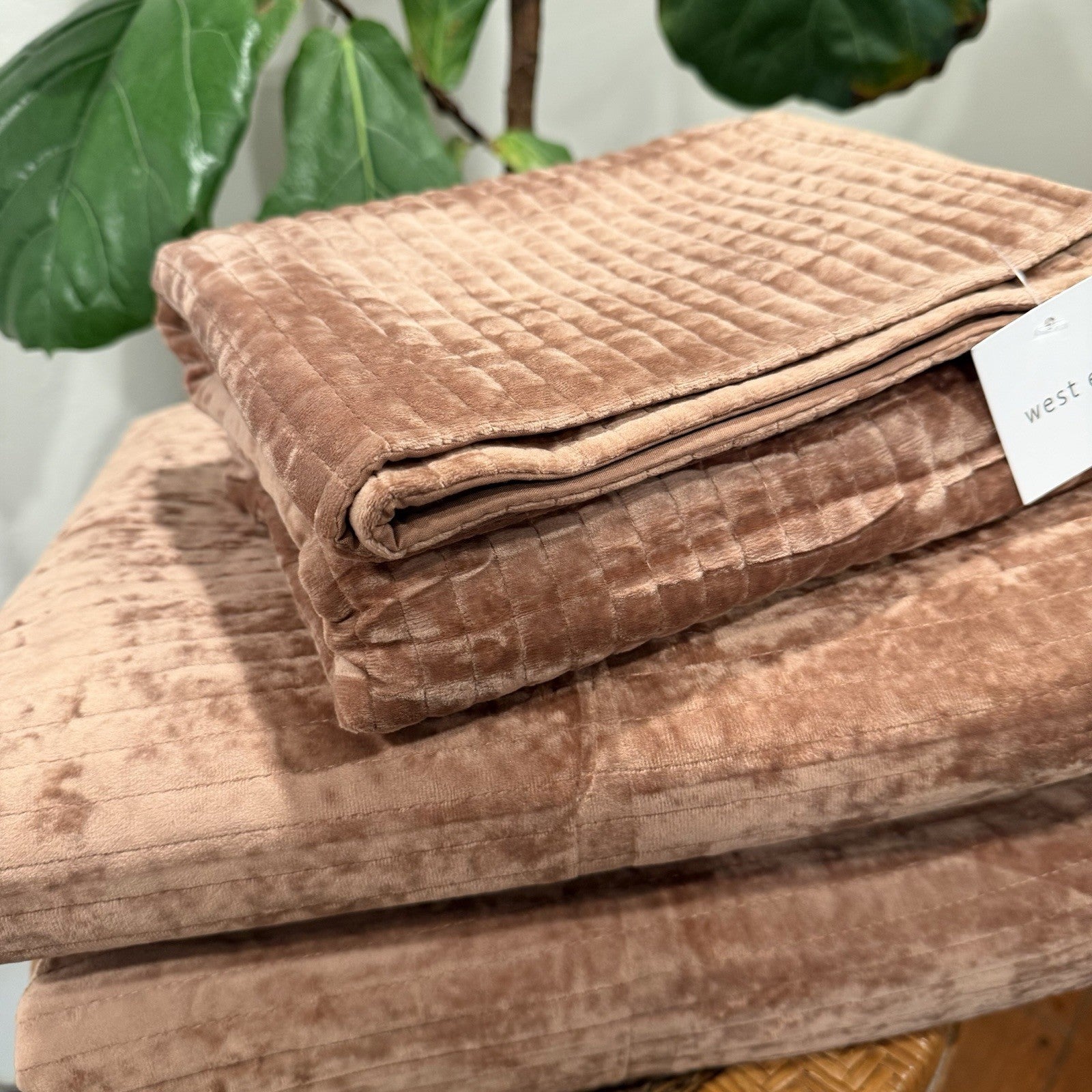 NEW West Elm Velvet Terracotta Clay Queen / King Bedding Comforter & Sham Set