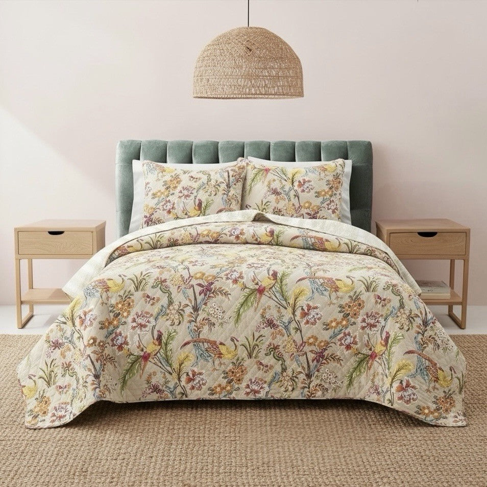 NEW Anthropologie Queen / King Cotton Boho Bird Quilt Bedspread Bedding Sham Set
