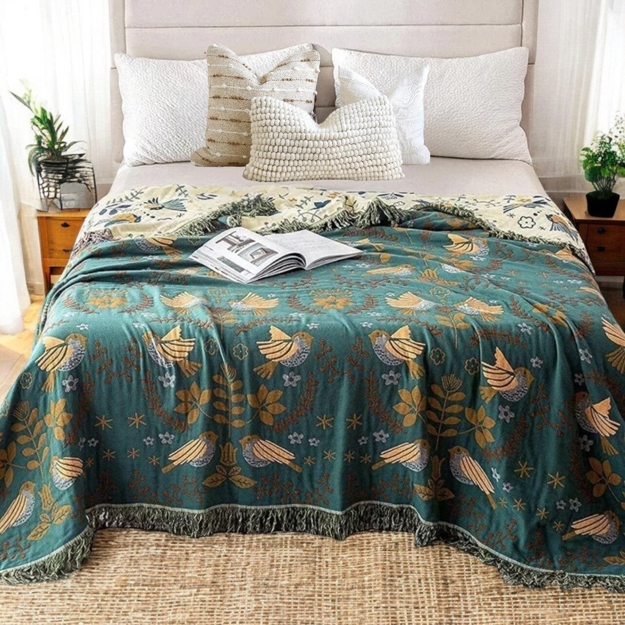 NEW XL Teal Reversible Boho Bird Tassel Throw Blanket Bedspread Quilt 80 x 60