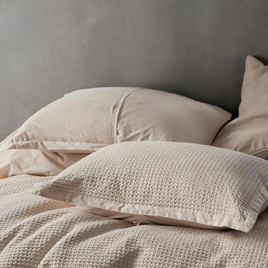 NEW West Elm Beige Waffle Weave Queen King 100% Cotton Bedding Duvet & Sham Set
