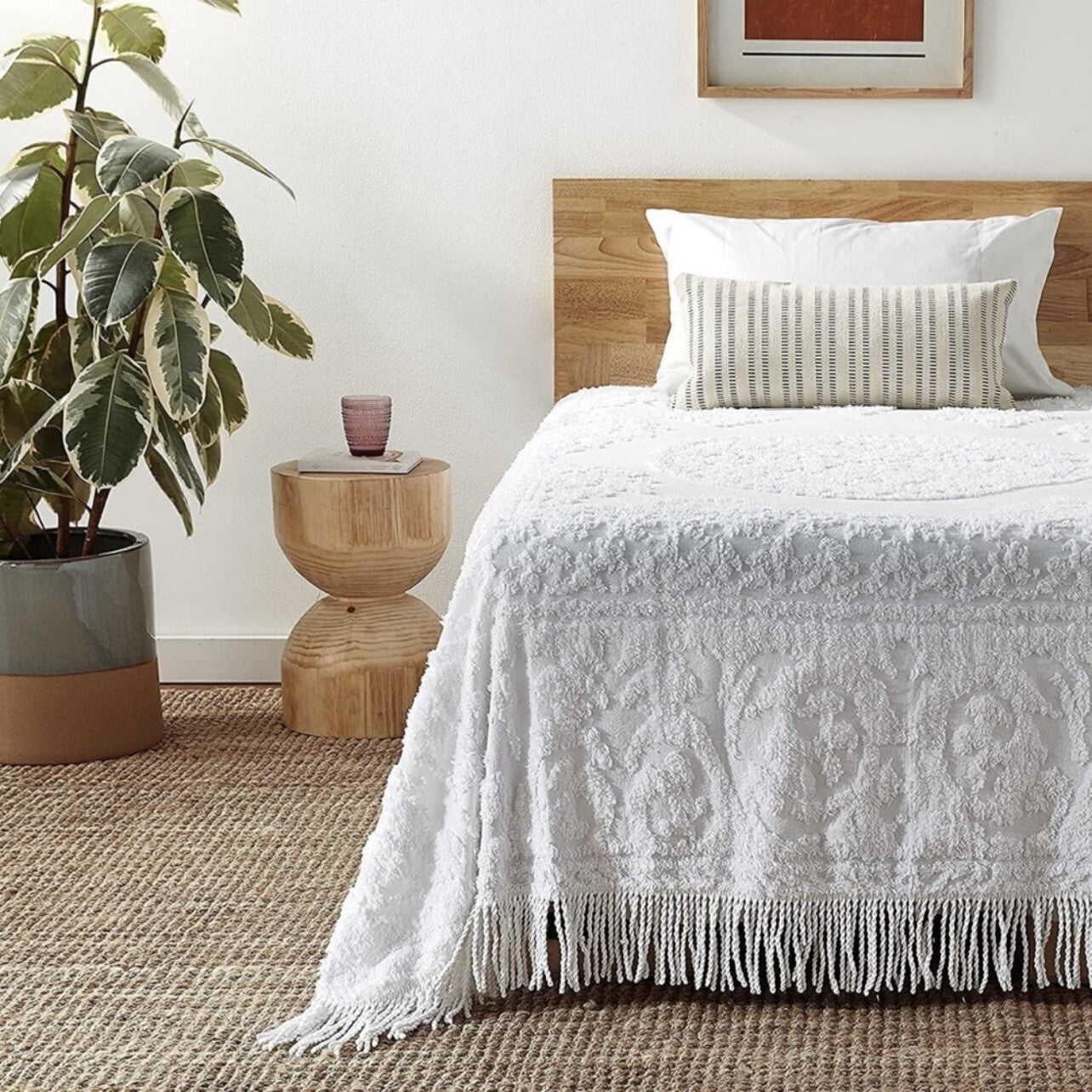 NEW Anthropologie White King Chenille Damask Quilt Bedspread Blanket & Sham Set
