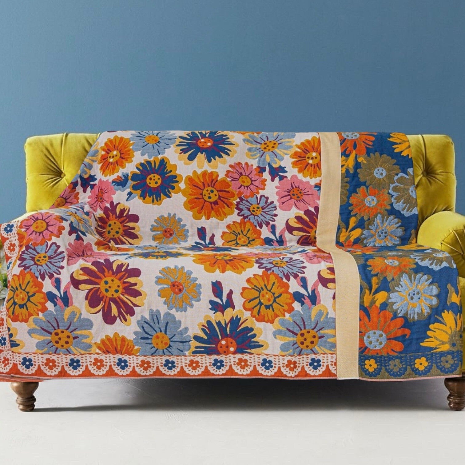 NEW Anthropologie XL Boho Floral Reversible Blanket Bedspread Quilt - 80" x 92"