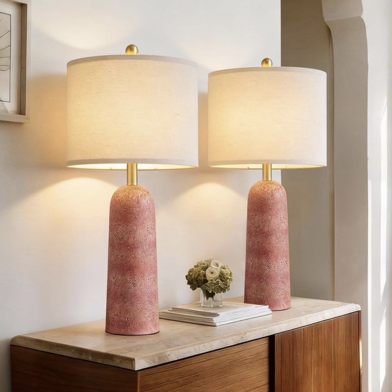 NEW Anthropologie Set of 2 Pink Resin Stone Boho Table Lamps Linen Lighting 27"