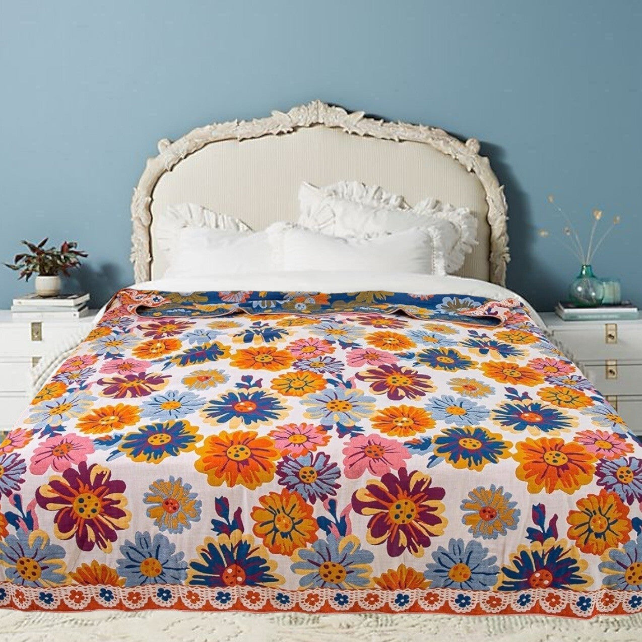 NEW Anthropologie XL Boho Floral Reversible Blanket Bedspread Quilt - 80" x 92"