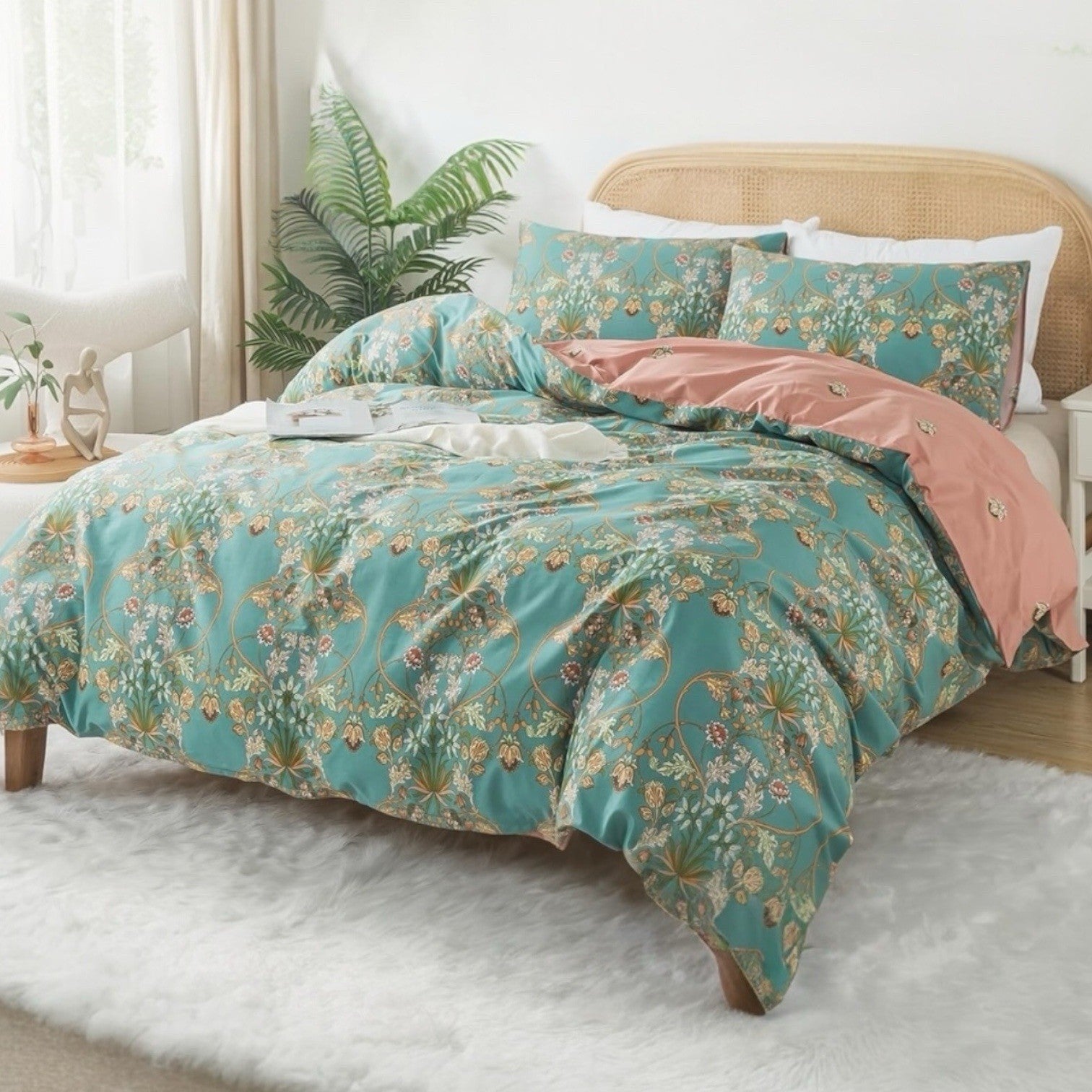 NEW Green Pink Reversible Floral King Size Boho Comforter Bedding Sham Case Set