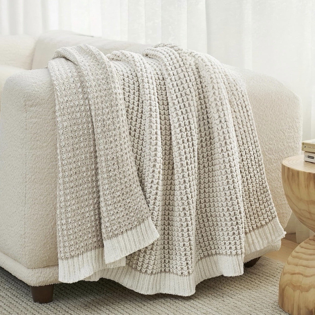 NEW West Elm Beige Woven Waffle Knit Cotton Boho Cozy Throw Blanket - 60" x 80"