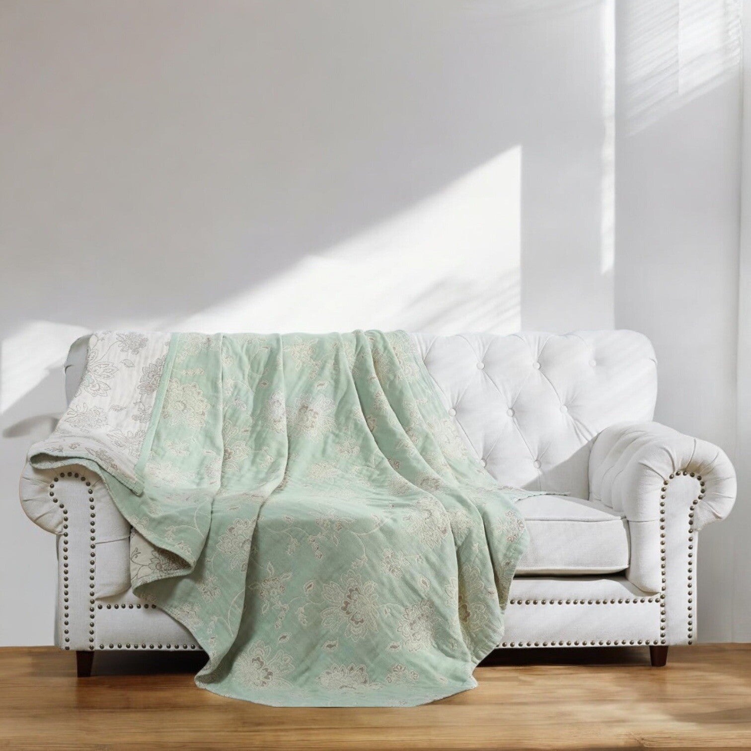 NEW Anthro Boho Floral Muslin Green Reversible Throw Blanket - 90" x 80"