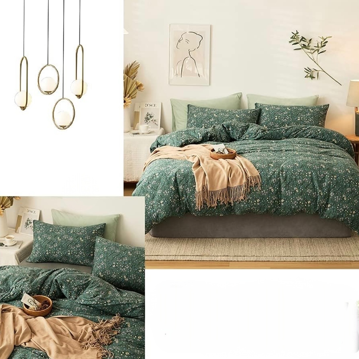 NEW Anthro Green Vintage Style Cotton Queen King Cotton Bedding Duvet & Sham Set