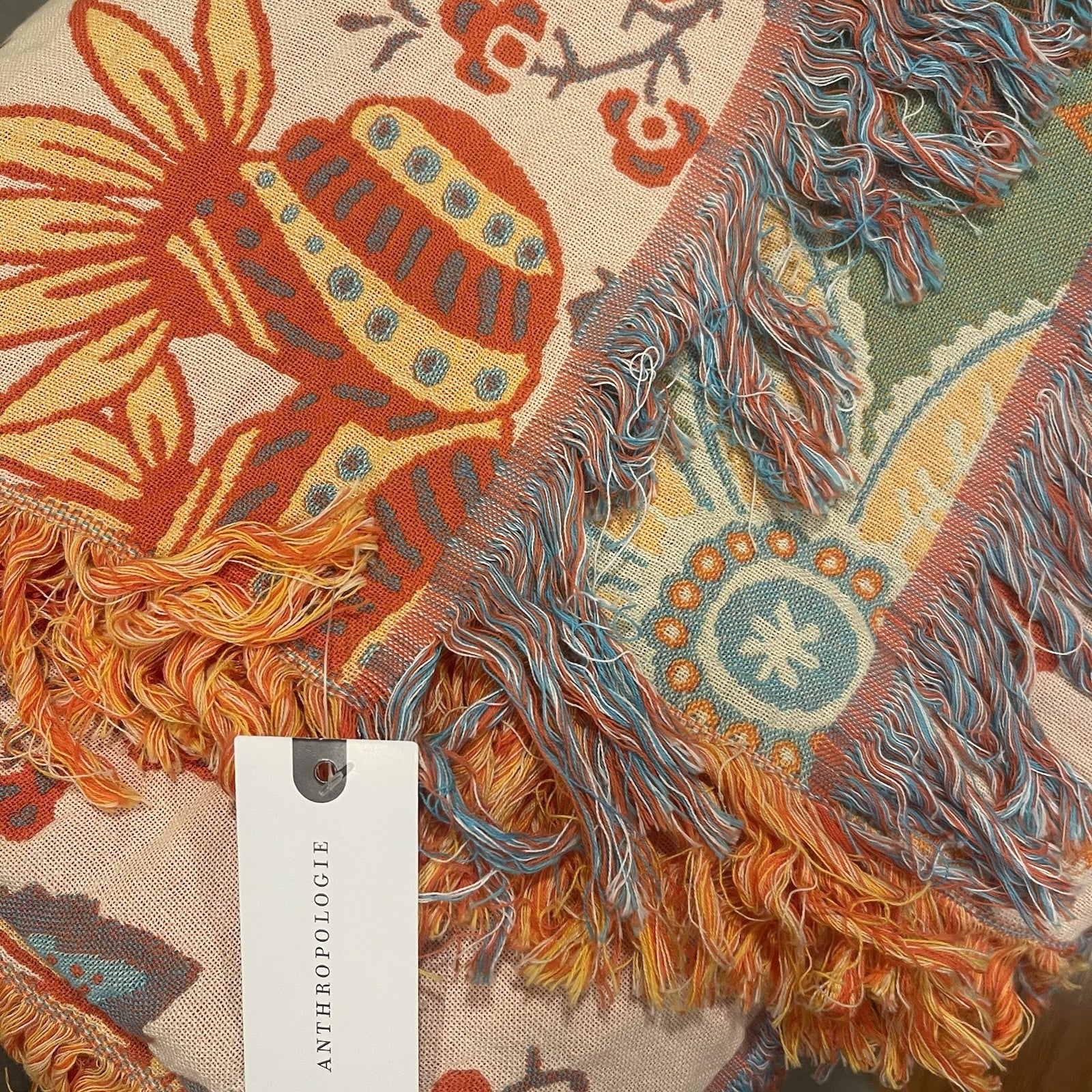 NEW XL Coral & Green Reversible Boho Fringe Blanket Bedspread Quilt - 80" x 90"