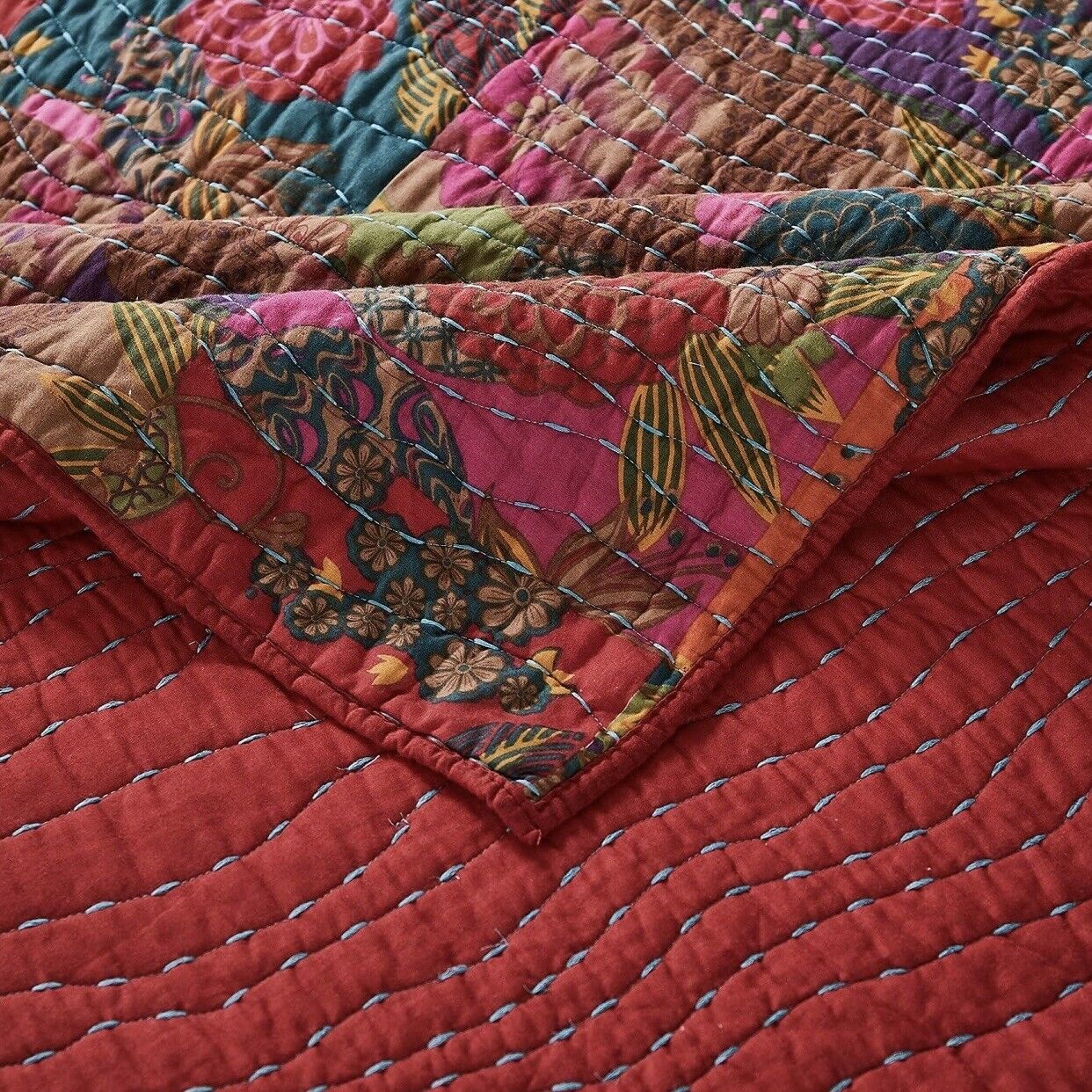 NEW Anthropologie Multicolor Floral Boho King Quilt Bedspread Bedding Sham Set