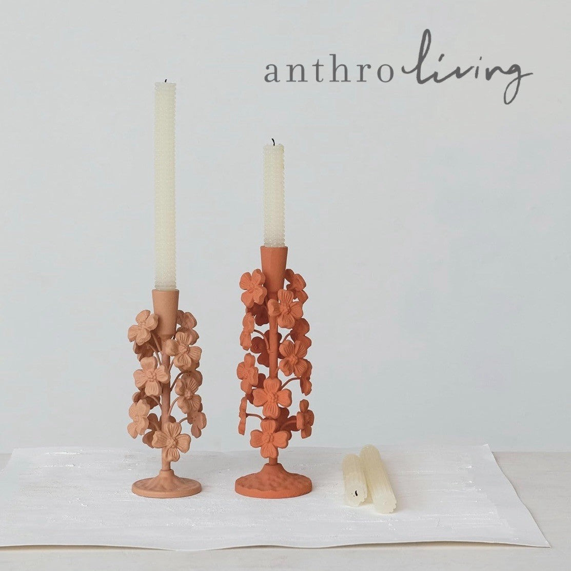 NEW Anthropologie Cast Metal Boho Floral Tapered Candle Candlestick Holder - 9"