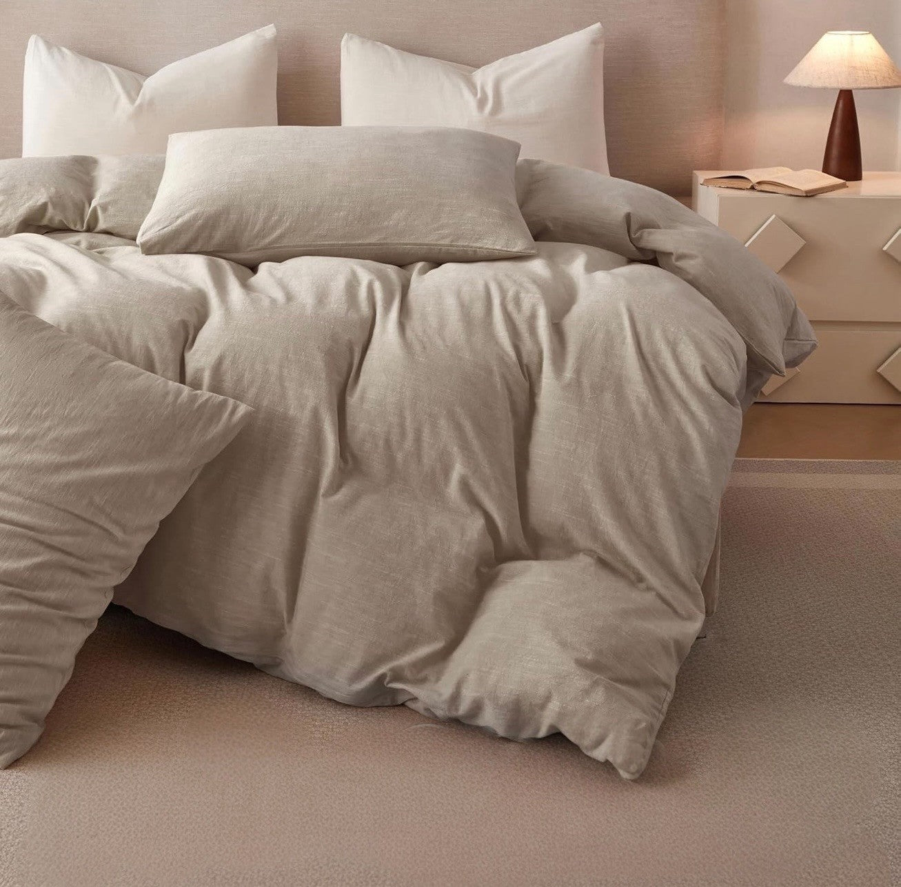 NEW West Elm Beige Linen Cotton Luxury Queen / King Bedding Duvet & Sham Set