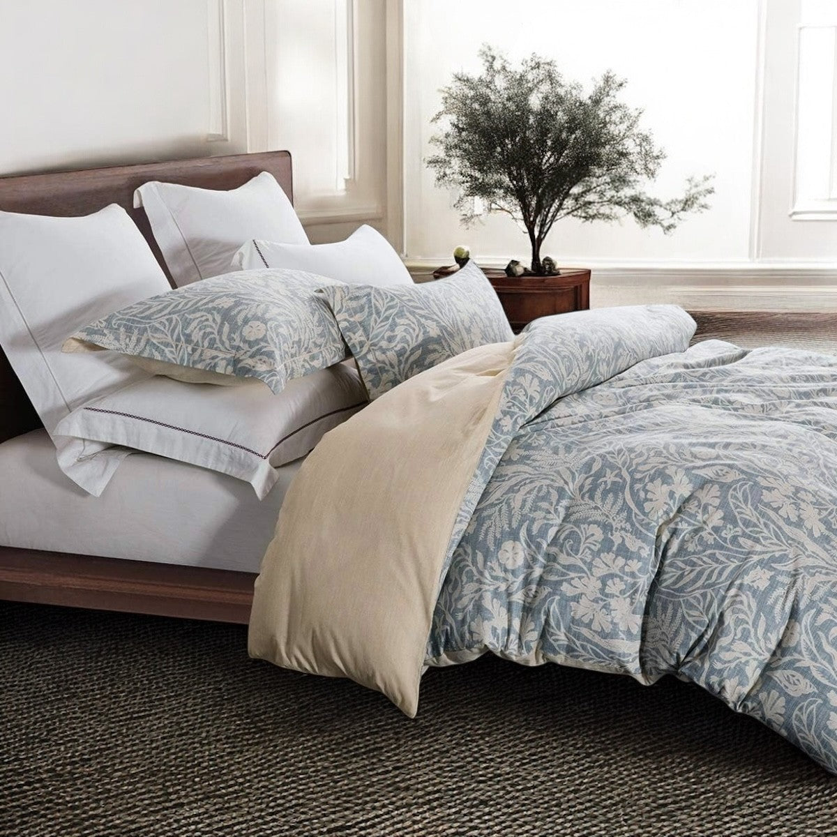 NEW West Elm Blue Cotton Floral Botanical Queen / King Bedding Duvet & Sham Set