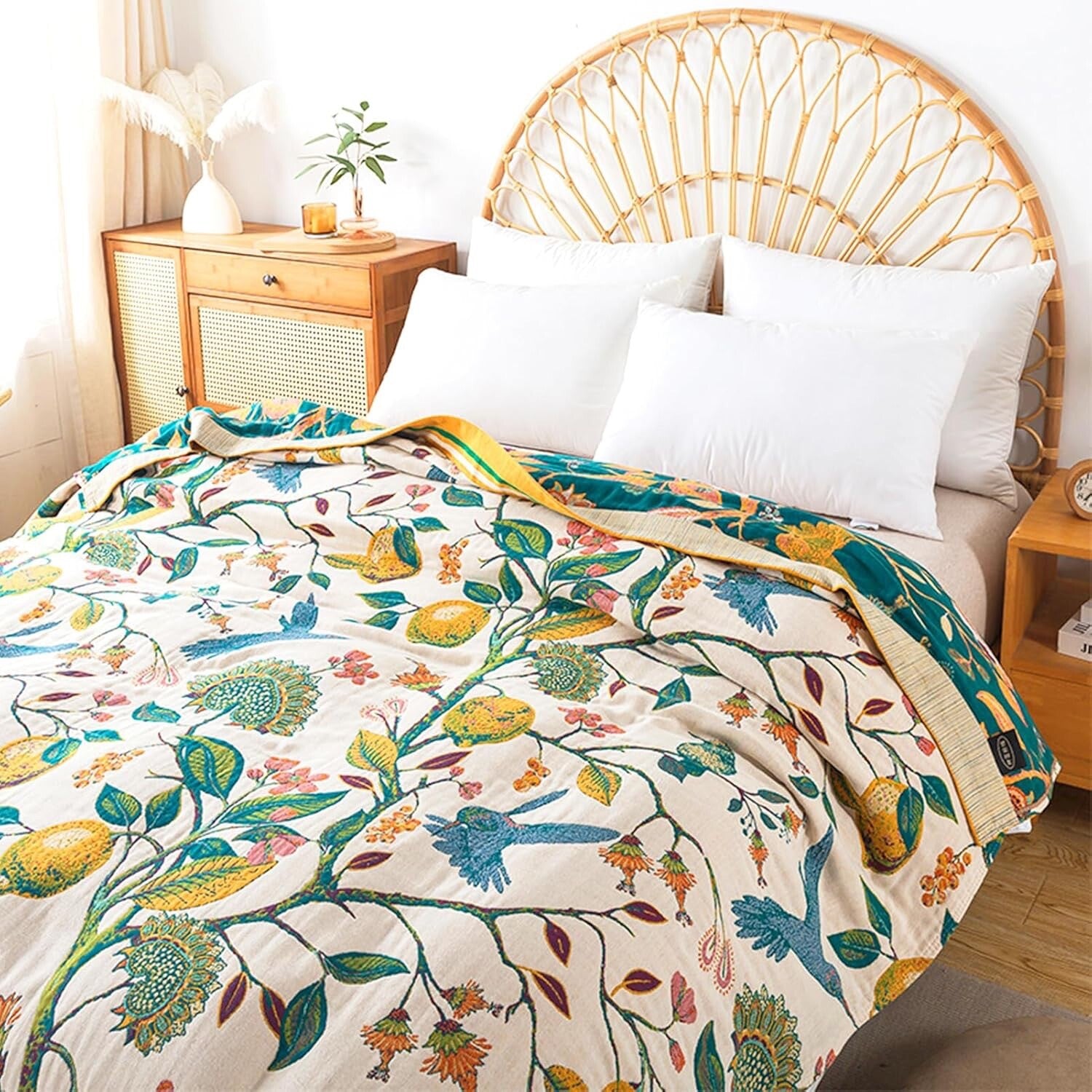 NEW Anthro XL Boho Bird Orange Blue Throw Blanket Bedspread Quilt 80" x 90"