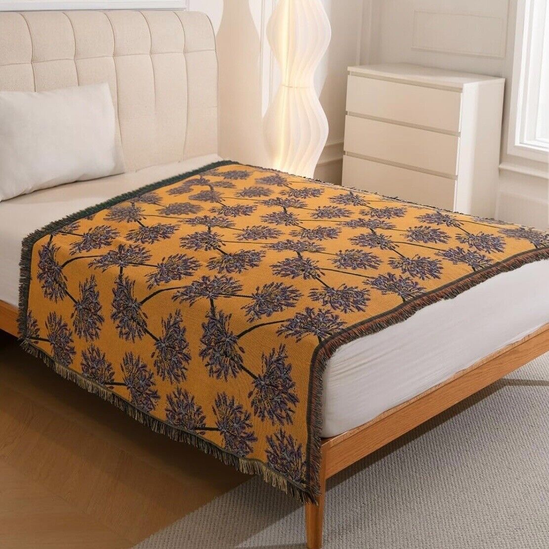 NEW Anthropologie Boho Yellow Floral Tassel Throw Blanket Bedspread - 50" x 70"